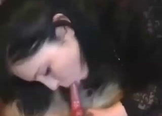 Casual blowjob from a sexy brunette in black