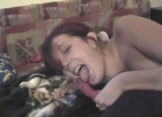 Cute lady milking impressive dog cum load